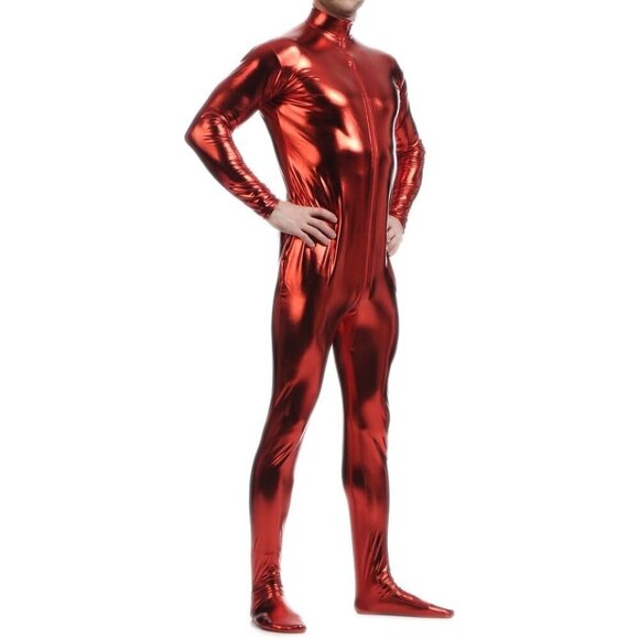 Tops - Unisex Wine Metallic Shiny Zentai Bodysuit Hoodless Adult Costume